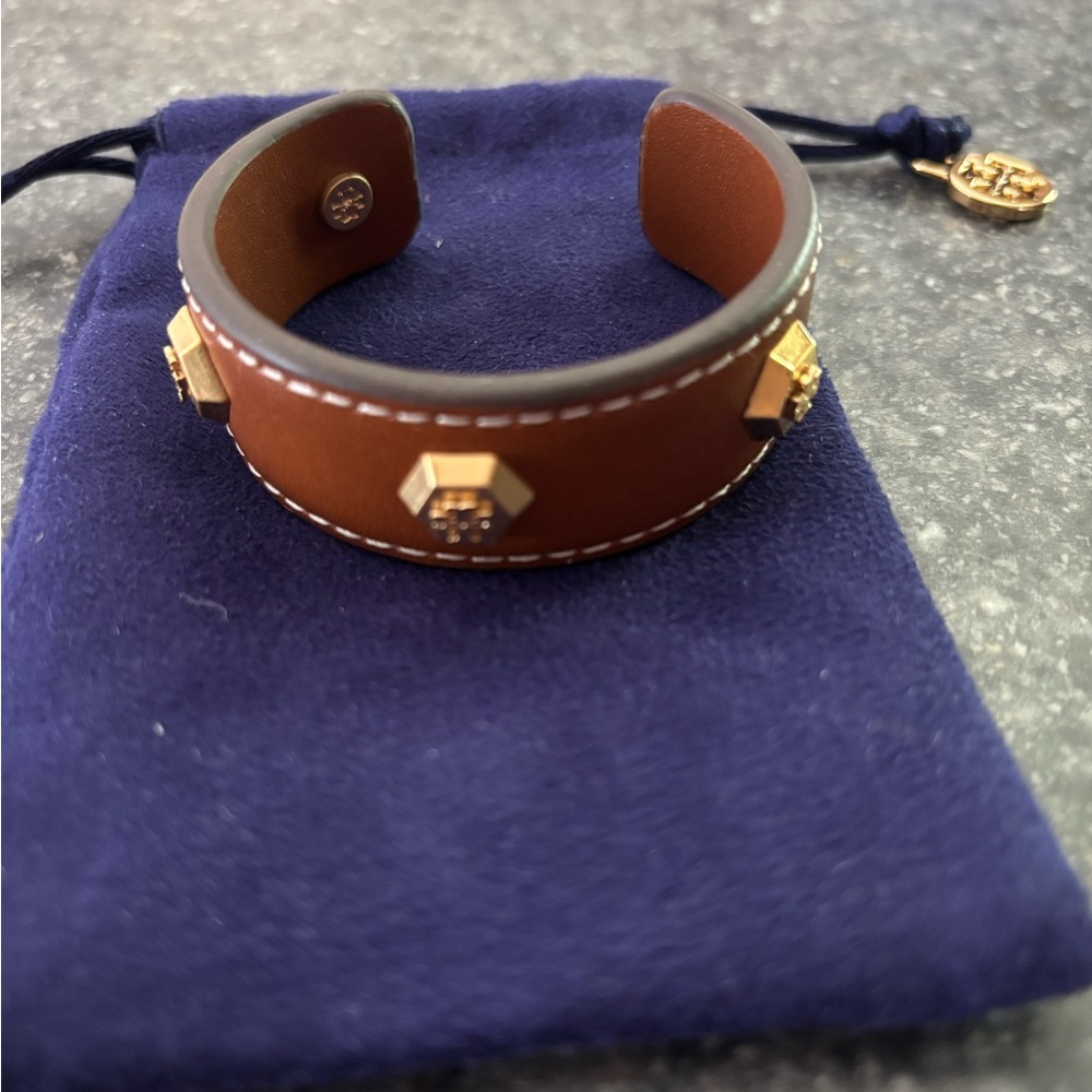 Tory Burch Brown Leather Cuff Bracelet with Gold Accents